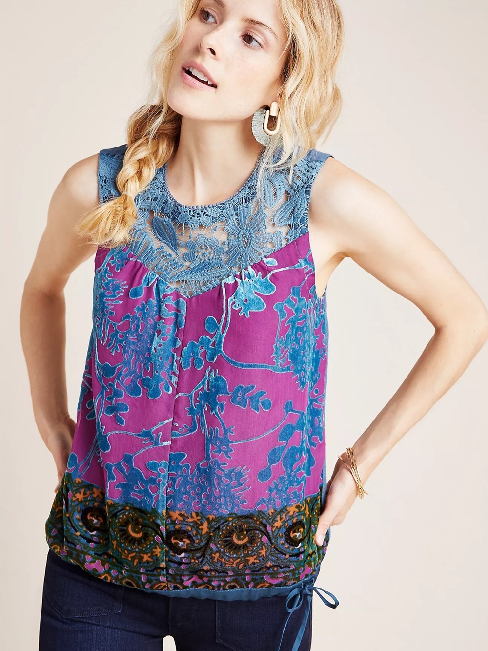Anthropologie Magenta Floral Sleeveless Top with Teal Lace Yoke